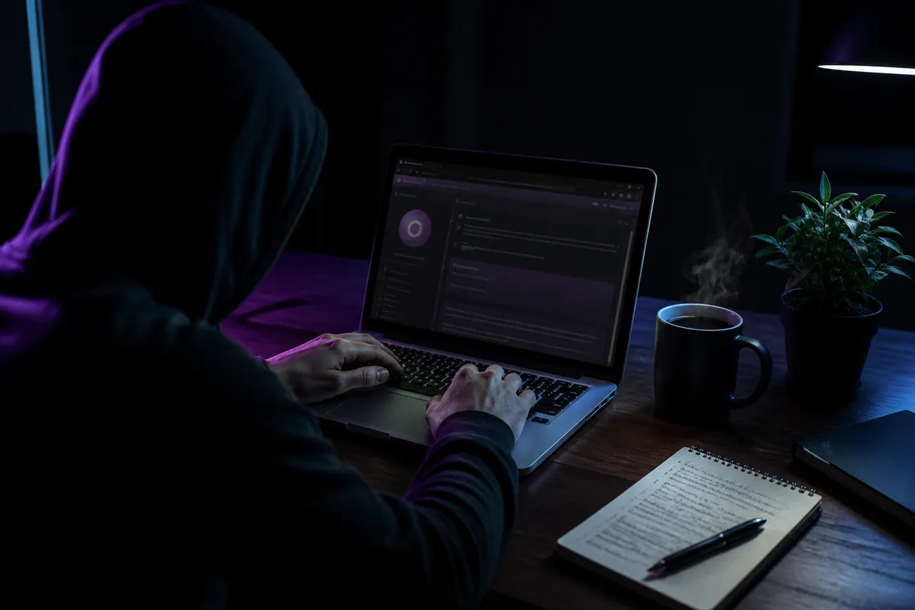 user working on Tor Browser in a dark room