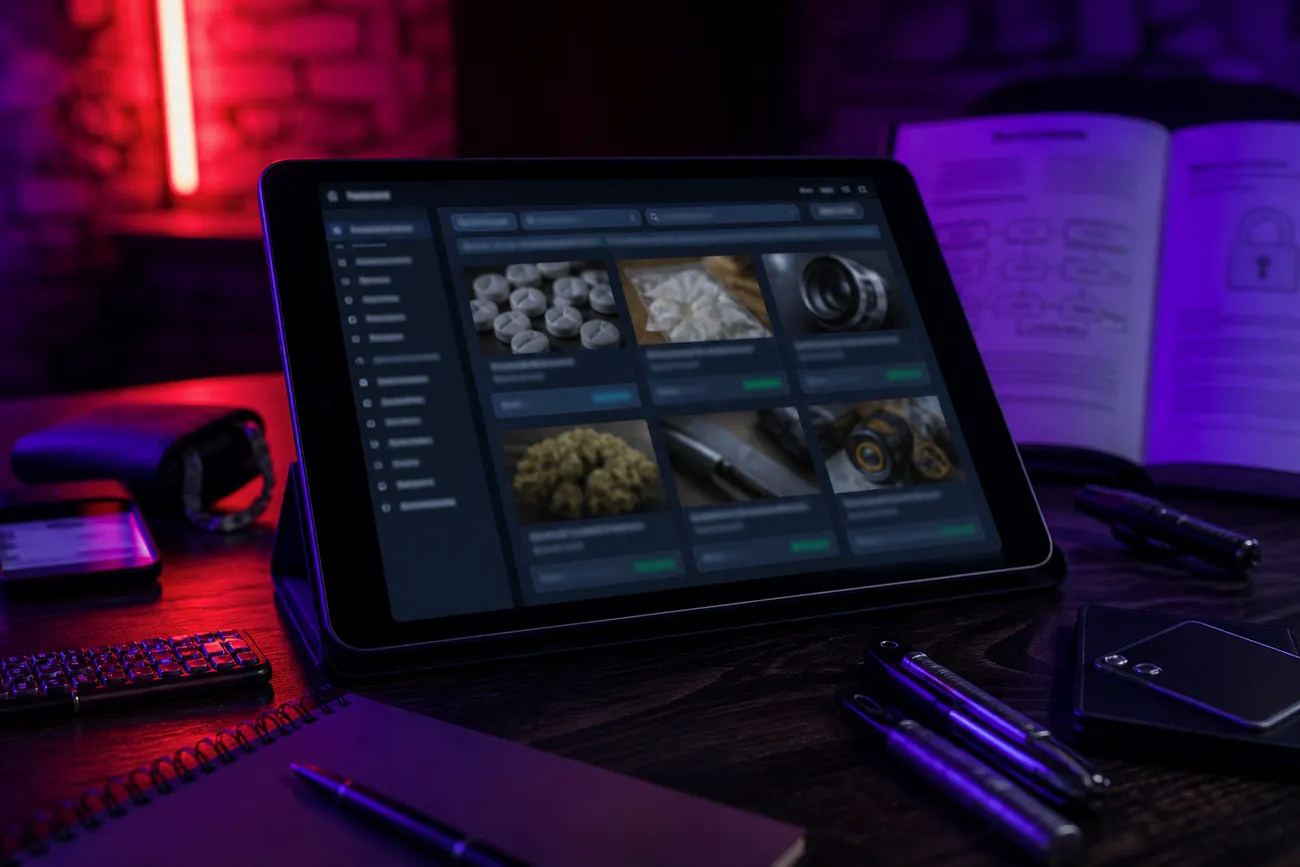 tablet displaying dark web marketplace interface