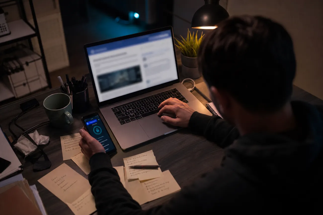 user at home office desk exploring Facebook recovery options