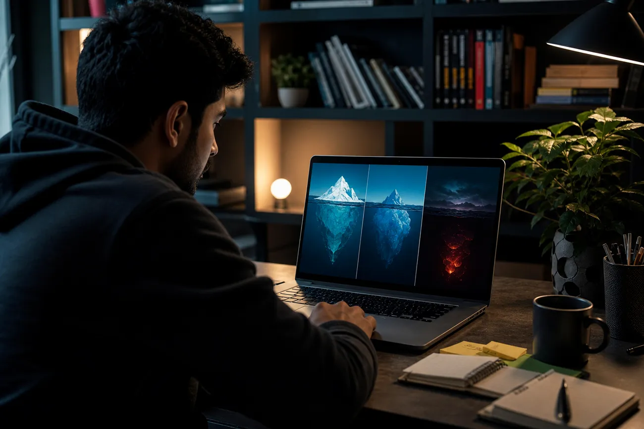 office scene with a person analyzing web layers