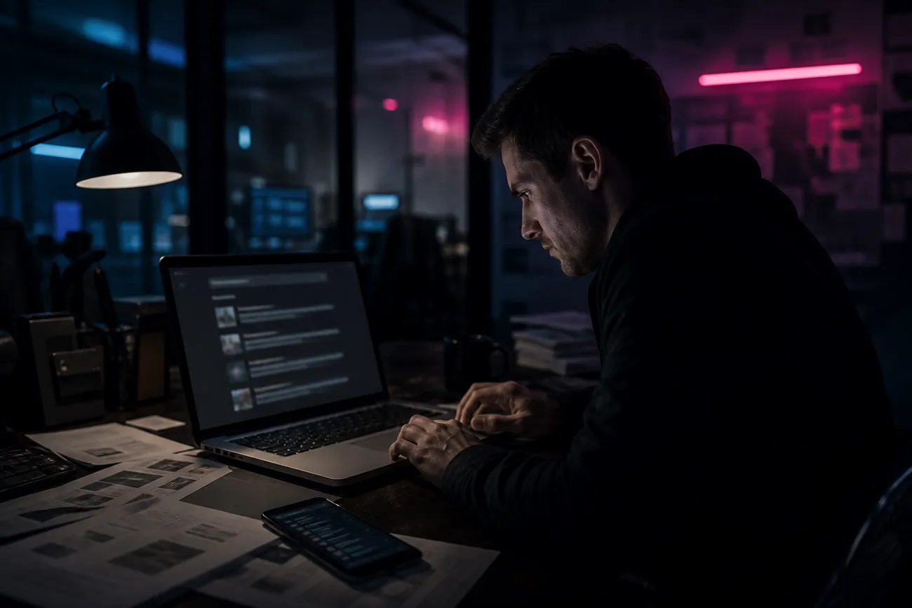user analyzing dark web search results in a dim office
