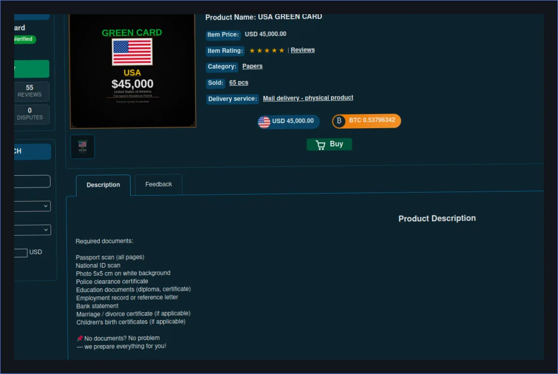 A US green card listing shows a $45,000 price