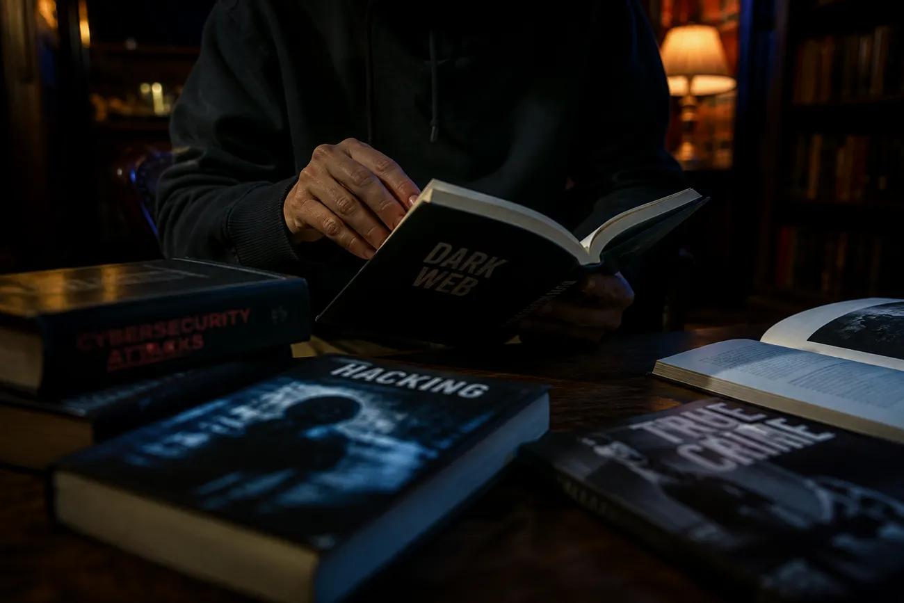 person reading dark web books in library